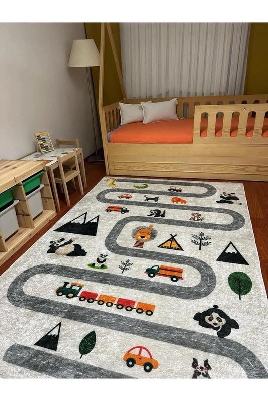 Camping Roads Rug, Cotton Play Road Rug, Kids Play Rug, City Road Soft Carpet, Town Car Play Montessori Rug, Kids Room Play Mat